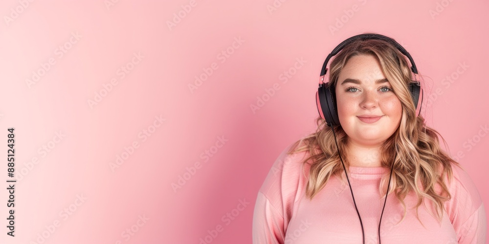 Young fun smiling caucasian chubby overweight woman 30s in pink shirt casual clothes isolated on pink background. Young fun smiling caucasian chubby overweight woman 30s in pink shirt casual clothes isolated on pink background.