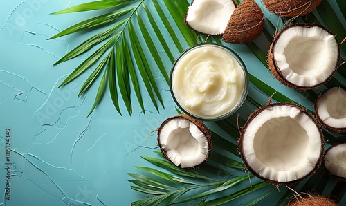 coconut oil cream,tropical palm leaf on blue background flat lay top view spa natural organic cosmetic moisturizer for hand or body