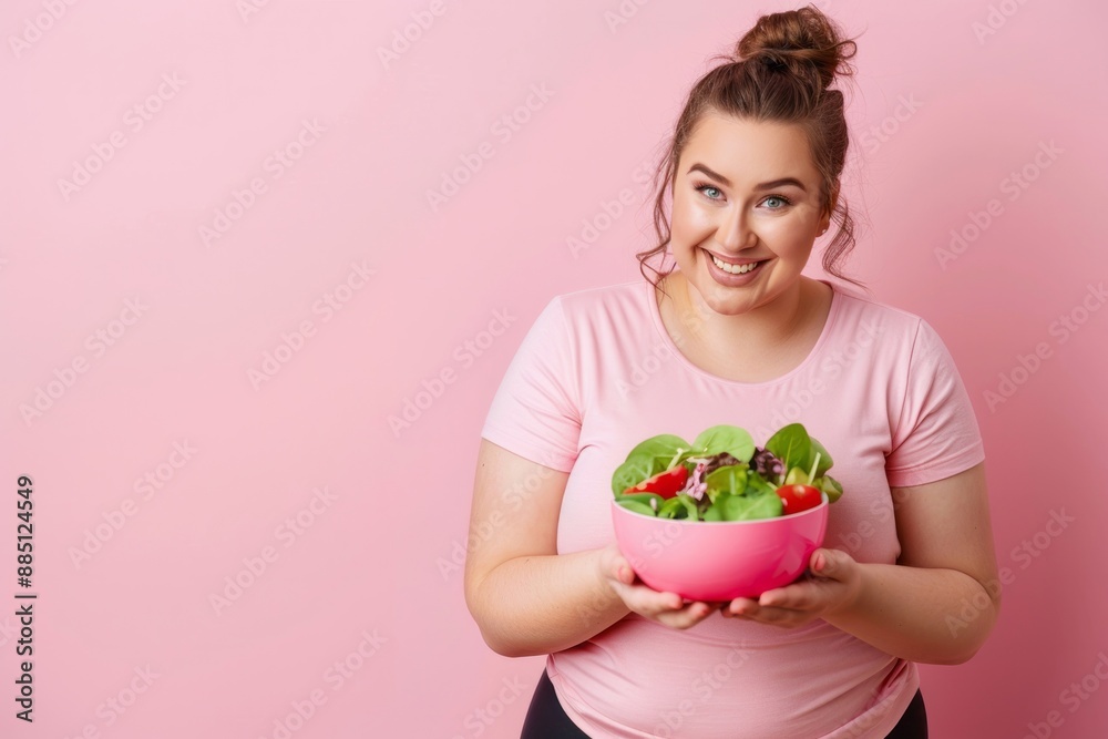 Young smiling plus size woman in casual t-shirt holding a bowl of salad isolated on light pink background. Young smiling plus size woman in casual t-shirt holding a bowl of salad isolated on light pink background.