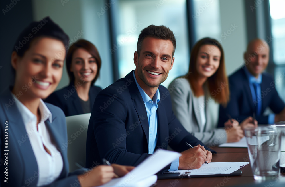 A group of business professionals in a meeting, smiling and collaborating, highlighting teamwork and productivity A group of business professionals in a meeting, smiling and collaborating, highlighting teamwork and productivity
