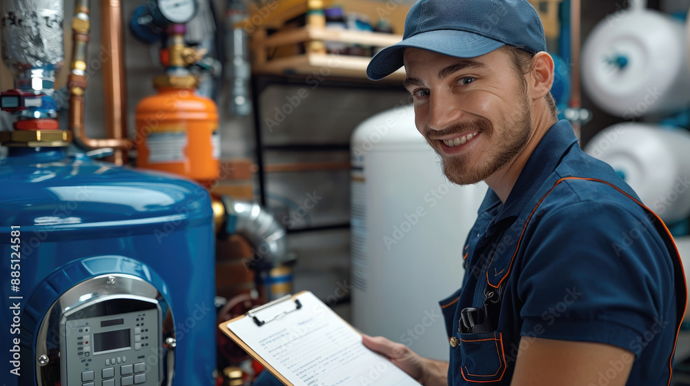 © visoot - A smiling technician in a blue uniform and cap servicing a home water heater system, holding a clipboard and pen, portraying professionalism, maintenance work. Generative AI. © visoot - A smiling technician in a blue uniform and cap servicing a home water heater system, holding a clipboard and pen, portraying professionalism, maintenance work. Generative AI.