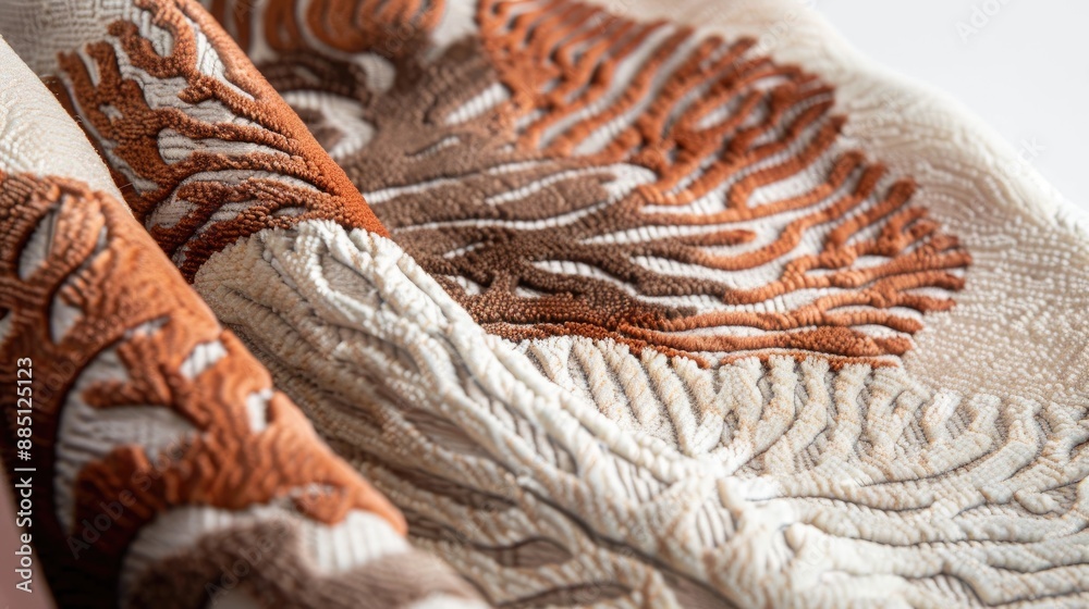 Furniture flock with villi on white background in macro for upholstery products in coral brown and beige Furniture flock with villi on white background in macro for upholstery products in coral brown and beige