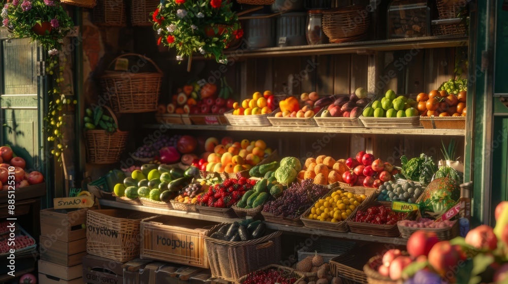 Colorful fruit and vegetable display at a rustic market stand. Fresh produce including apples, peppers, and berries arranged in baskets and crates. Colorful fruit and vegetable display at a rustic market stand. Fresh produce including apples, peppers, and berries arranged in baskets and crates.
