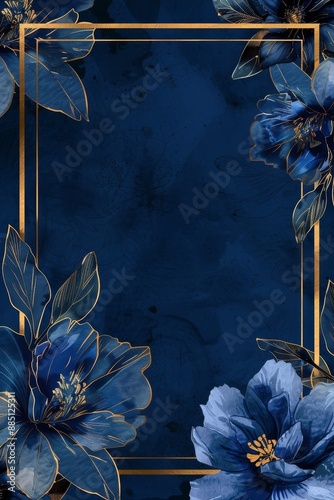 Elegant dark blue floral frame with gold geometric accents for invitation or background design