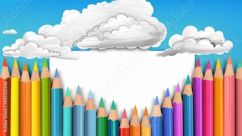 Creative border of colorful pencils with white cloud background