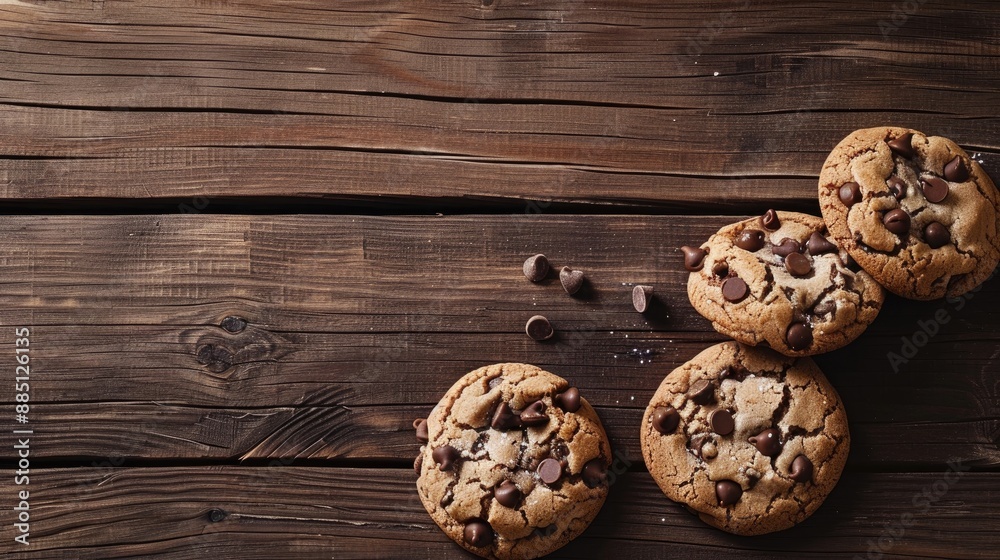 Freshly baked chocolate chip cookies on aged wooden surface Selective focus with room for text Freshly baked chocolate chip cookies on aged wooden surface Selective focus with room for text