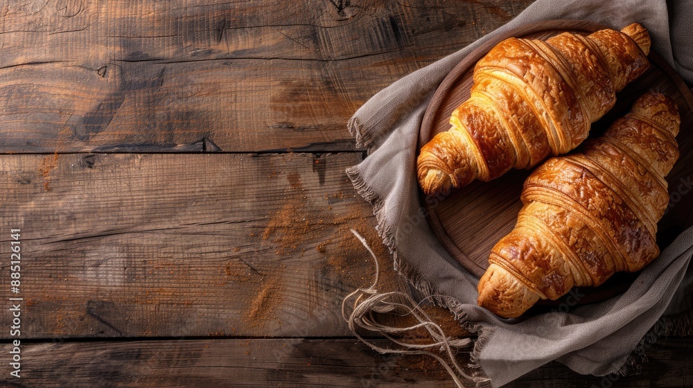 Freshly baked croissants on rustic table with space for text Freshly baked croissants on rustic table with space for text