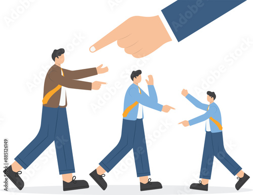 Business people lay the blame on someone. Slander and responsibility. Vector illustration for bullying, gossiping, aspersion, defamation, slander, libel, slur, detraction.

