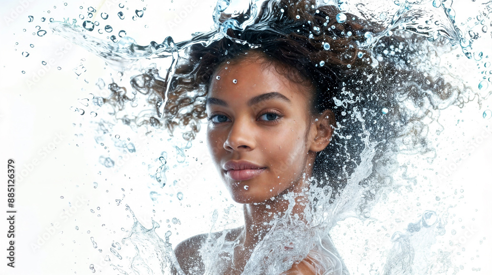 Obraz premium Refreshing beauty: young woman with curly hair in water splash, clear skin, fresh, wet look