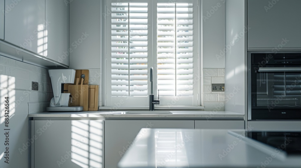 Modern kitchen with natural light, sleek cabinets, and a coffee maker. Home interior, sunlight through window shutters. Minimalist and clean design. Modern kitchen with natural light, sleek cabinets, and a coffee maker. Home interior, sunlight through window shutters. Minimalist and clean design.