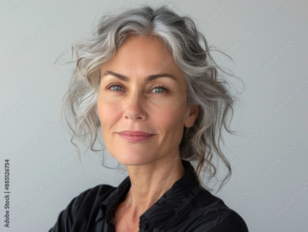 Portrait of an adult woman or mother with gray and loose hair taking a photo with a relieved, calm and happy expression on a gray background. World Mother's and Women's Day concept Portrait of an adult woman or mother with gray and loose hair taking a photo with a relieved, calm and happy expression on a gray background. World Mother's and Women's Day concept
