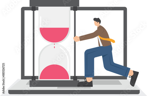 Business man with hourglass Stand on the laptop. Marketing online conference. infographic element icons flat cartoon concept.