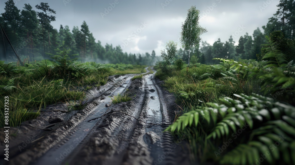 A Muddy Path Through a Dense Forest, A Brewing Storm Creates an Eerie Atmosphere, Perfect for Adventure and Tension, Nature Photography A Muddy Path Through a Dense Forest, A Brewing Storm Creates an Eerie Atmosphere, Perfect for Adventure and Tension, Nature Photography