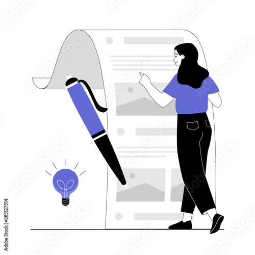 Copywriter, content manager, blogger write for social networks. Woman create promotion in social networks and interesting content. Vector illustration with line people for web design.