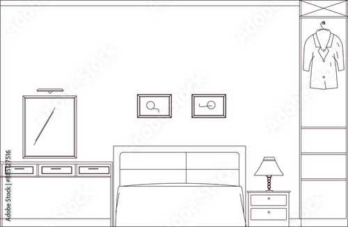 Sketch illustration silhouette vector drawing detail architectural engineering design modern bedroom interior Beds front view