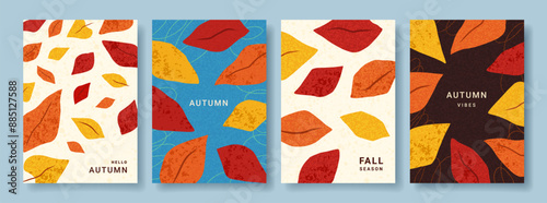 Autumn trendy minimalist posters with bright abstract leaves. Fall background, cover, banner, poster, card, flyer. Creative design templates for ads, web, label, branding, social media.
