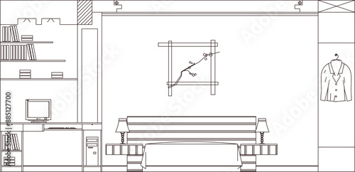 Sketch illustration silhouette vector detailed drawing architectural engineering design bedroom interior with modern furniture