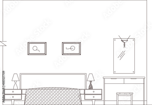 Sketch illustration silhouette vector detailed drawing architectural engineering design bedroom interior with modern furniture 