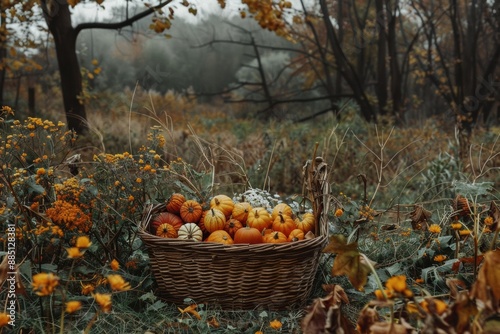 Autumn harvest season, farmers working, golden fields, abundance, rich produce photo