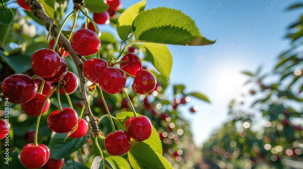 Beautiful cherry orchard in summer, trees full of red cherries against a clear blue sky. Beautiful cherry orchard in summer, trees full of red cherries against a clear blue sky.