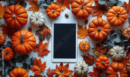 autumn background,digital tablet ebook mockup pumpkins maple leaves on white table flat lay top view