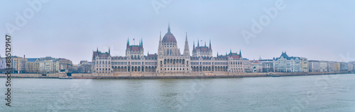 Panorama of Pest side with Parliament building in morning fog, Budapest, Hungary