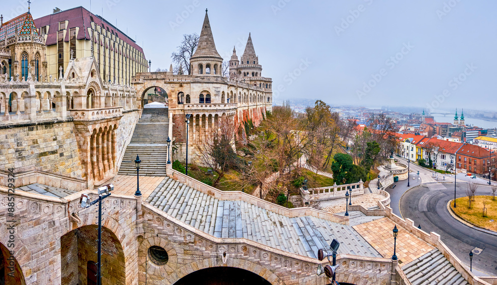 Panorama of the staircase of Fisherman's Bastion, Budapest, Hungary.