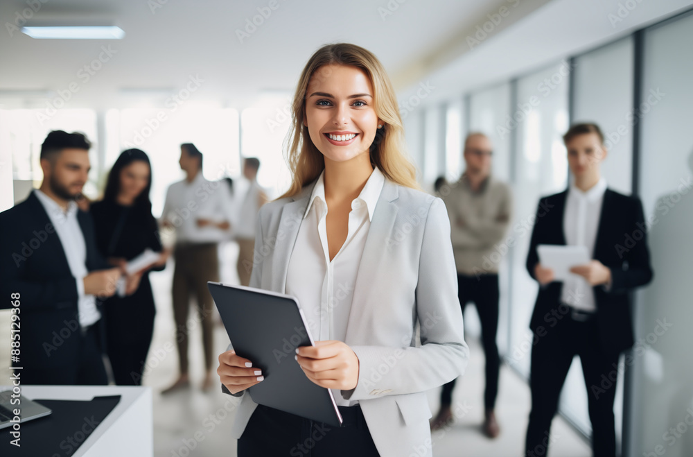 Professional Businesswoman Holding a Tablet and Smiling in a Modern Office Setting with Colleagues Working in the Background Professional Businesswoman Holding a Tablet and Smiling in a Modern Office Setting with Colleagues Working in the Background