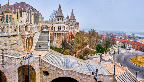 Panorama of the staircase of Fisherman's Bastion, Budapest, Hungary.