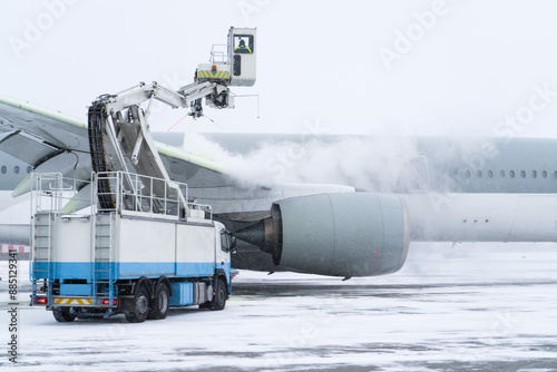 De-icing the aircraft before the flight. The deicing machine sprinkles the wing of a passenger plane with antifreeze. Winter at the airport. Snow. Aviation handling. Steam in the cold. Airport service