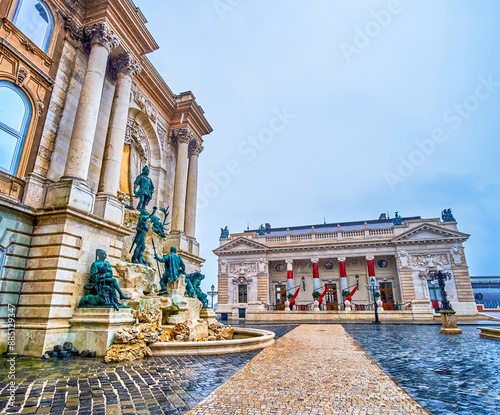 Matthias Fountain, the popular attraction  on the wall of Buda Palace, Budapest, Hungary photo