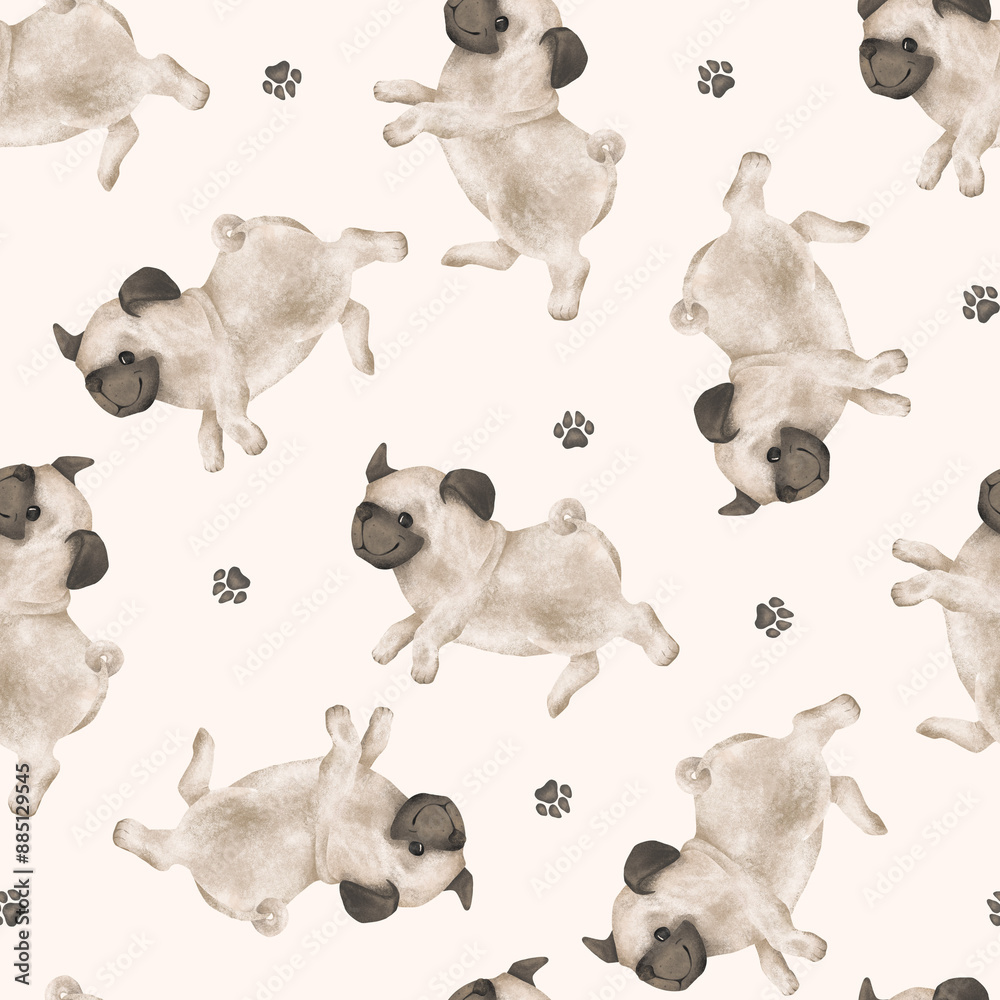 Obraz premium Seamless pattern of animal dogs and paws for kids. Hand drawn illustration of pug running or jumping on isolated background. Minimalist Scandinavian style. Cute pets for kids post or stickers