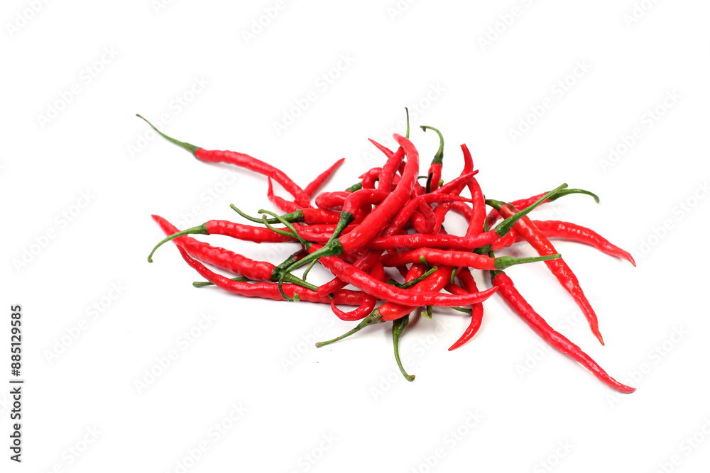 Fototapeta premium Fresh red chilies on a white background, good for article or recipe