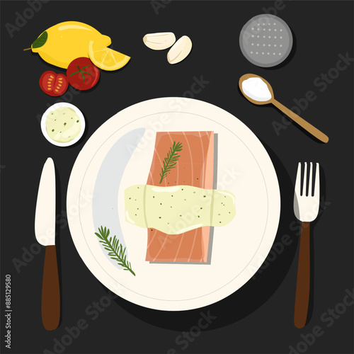 food on the plate Grilled salmon fillet fish on plate vector illustration 