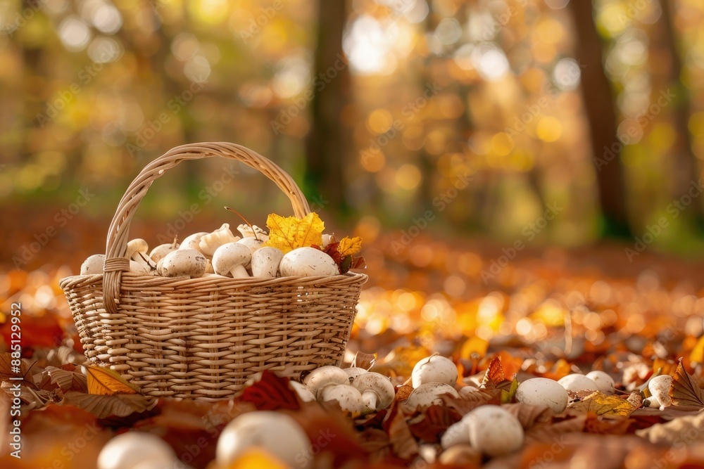 A Basket of Mushrooms in the Autumn Forest A Basket of Mushrooms in the Autumn Forest