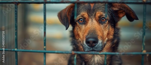 Stray homeless dog in animal shelter cage 