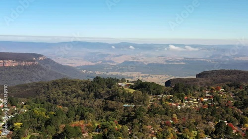 Blackheath town in the Blue Mountains of Australia – wide aerial panorama as 4k.
 photo