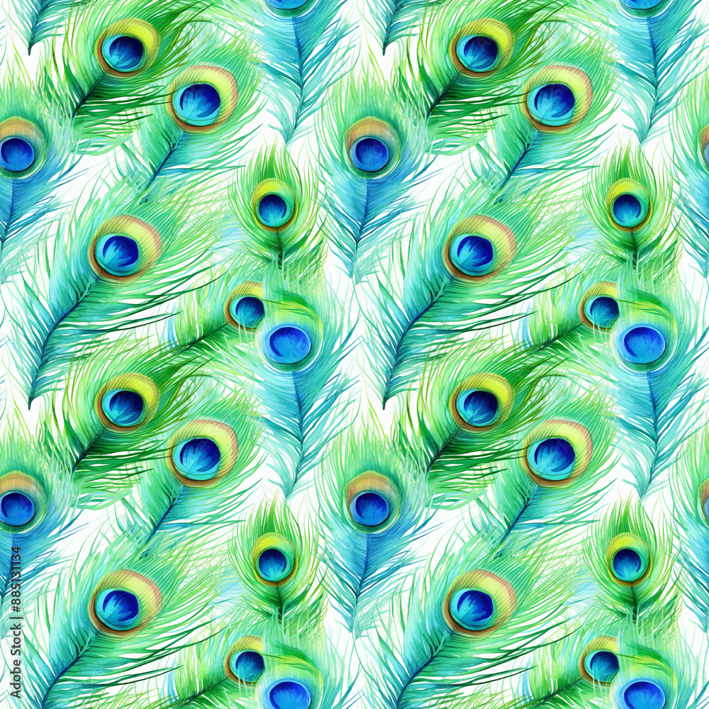 Obraz premium Watercolor Peacock Feather Seamless Pattern, Aquarelle Plumage, Watercolor Exotic Feather Tile