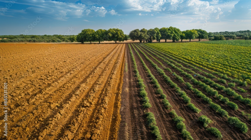 Drought destroys cultivated plants. Rows of dry trees on the dry land in summer Drought destroys cultivated plants. Rows of dry trees on the dry land in summer