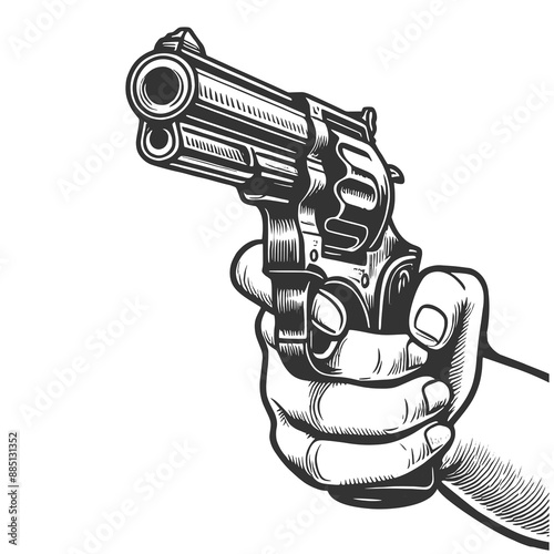 hand with revolver, showcasing a detailed and classic firearm depiction sketch engraving generative ai fictional character raster illustration. Scratch board imitation. Black and white image.