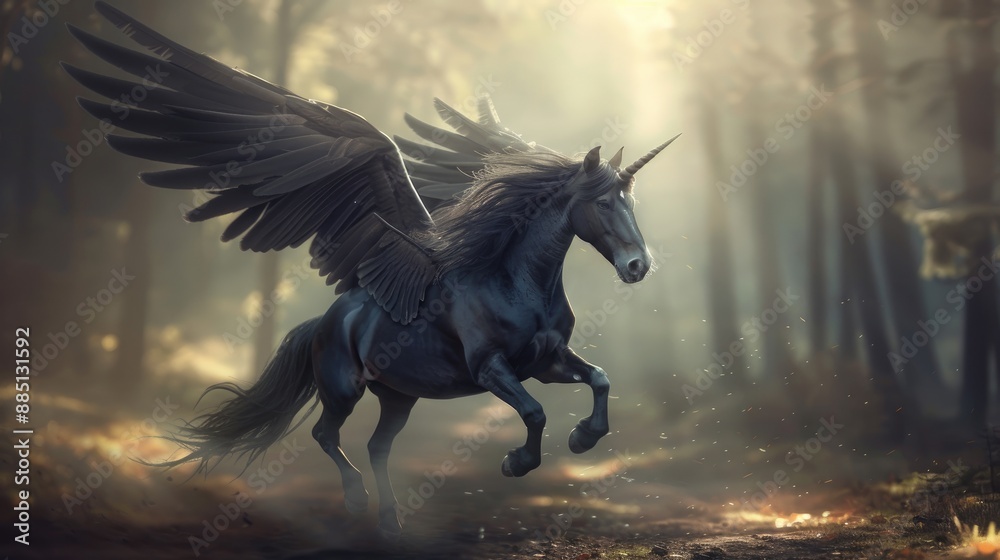 Obraz premium Realistic magical, mythical winged black pegasus unicorn horse fantasy background. AI generated image on beautiful nature backgraund