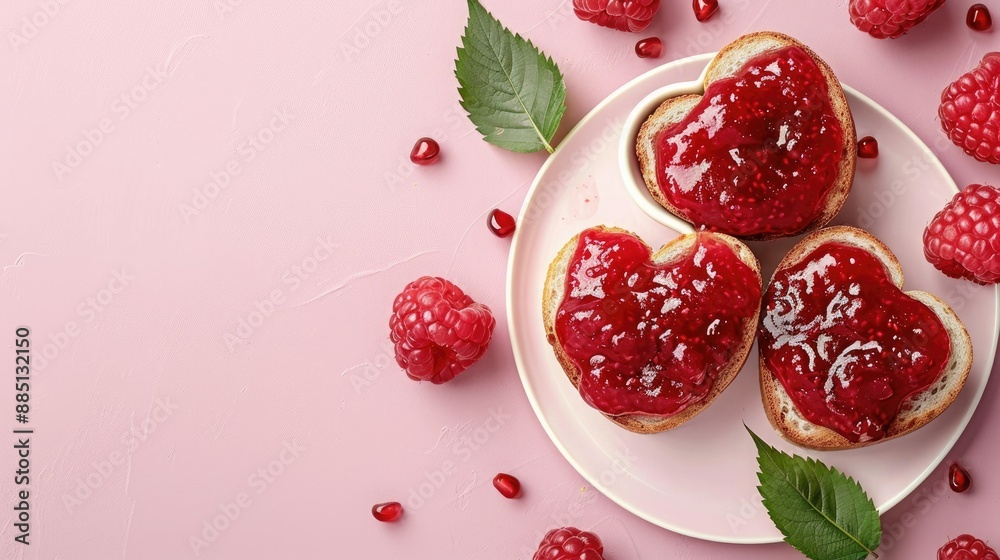 Heart-Shaped Raspberry Jam Toast on a Pink Background Heart-Shaped Raspberry Jam Toast on a Pink Background