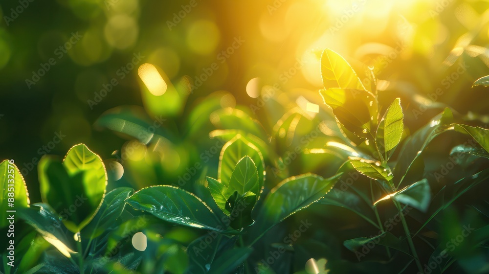 Obraz premium Closeup of green growth saplings and seedlings embracing warm sunlight. Nurturing nature promise. Bright beginning with symbolizing and environmental care