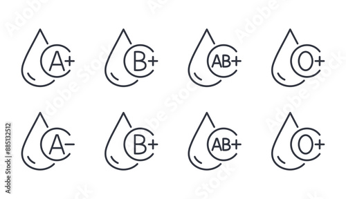 Blood type vector icons. Editable stroke thin line set. Black blood drop symbol with group A, B, AB, O positive and negative rhesus. Blood transfusion, donation, laboratory tests, medical procedures