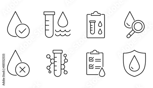 Vector icons water quality. Liquid quality control, positive and negative results. Lab tests, liquid in test tube, water protection and purification. Editable stroke thin line set