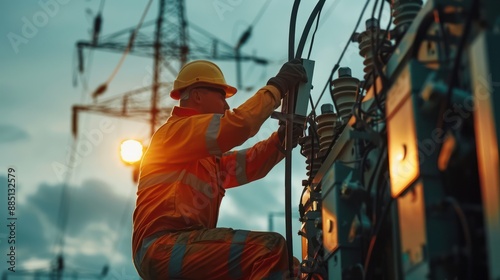 Wallpaper Mural Electrician repairs high voltage transformer in power station Torontodigital.ca