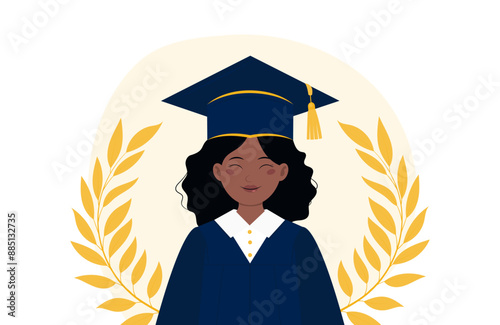 Young Black Female Graduate smiles in cap and gown. African American girl student and laurel wreath. Graduation illustration in flat style. 
