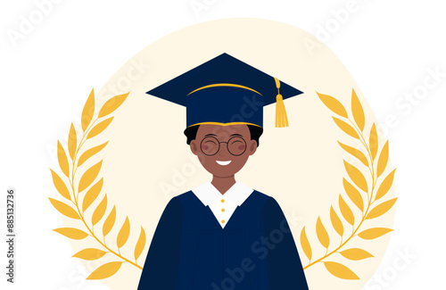 Young Black male Graduate smiling in a blue cap and gown. Student and laurel wreath. College or university ceremony. Graduation illustration in flat style.