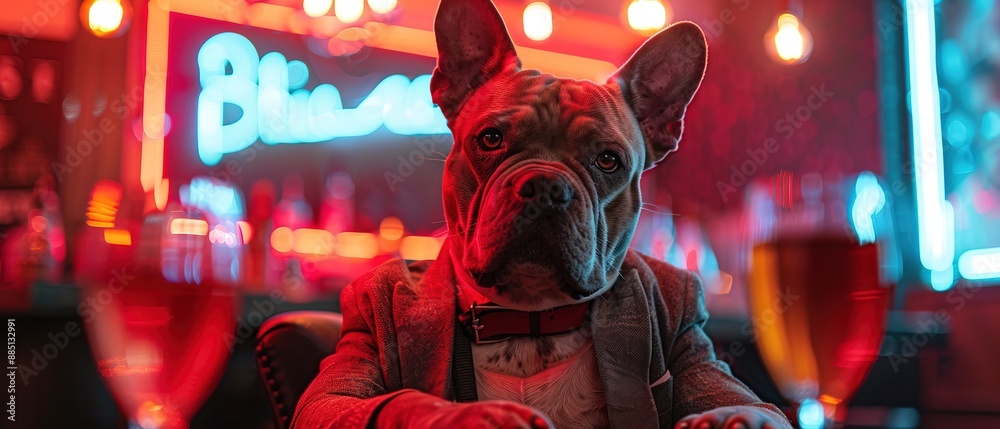 Fototapeta premium Dog in suit enjoying a drink at moody bar, neon light color 