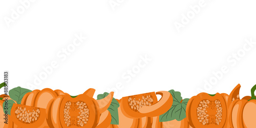 pumpkin seamless border, at the bottom there are many ripe pumpkins in a horizontal stripe. vector illustration, banner with whole mature pumpkins and pieces in cartoon style photo